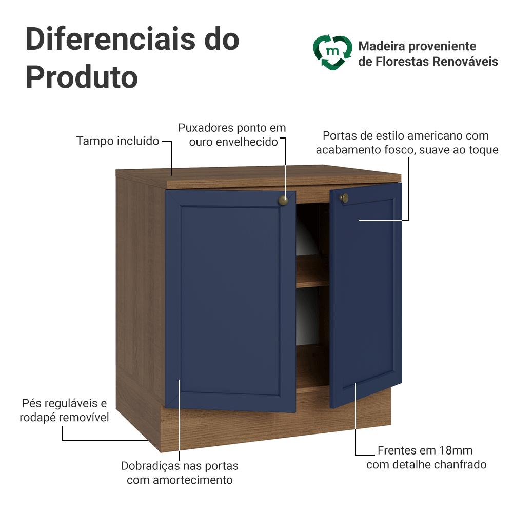 Balcão de Cozinha 80 cm 2 Portas Rustic/Azul Vik Madesa