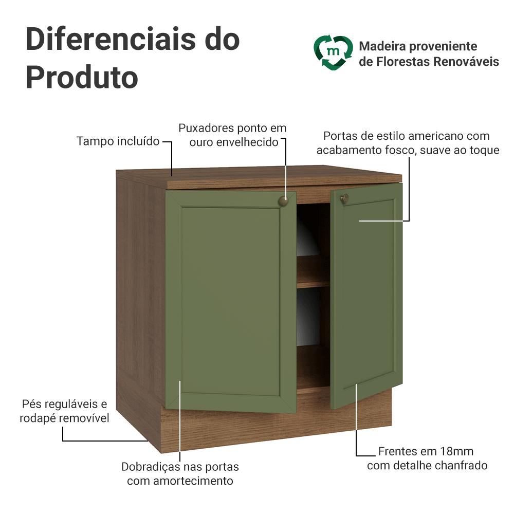 Balcão de Cozinha 80 cm 2 Portas Rustic/Verde Vik Madesa