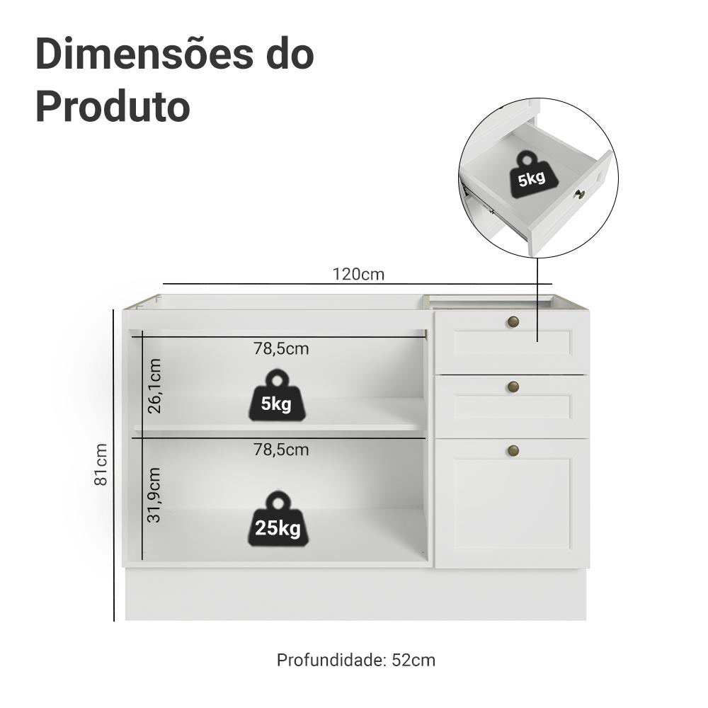 Balcão de Pia 120 cm 2 Portas 3 Gavetas (Sem Tampo) Branco Vik Madesa