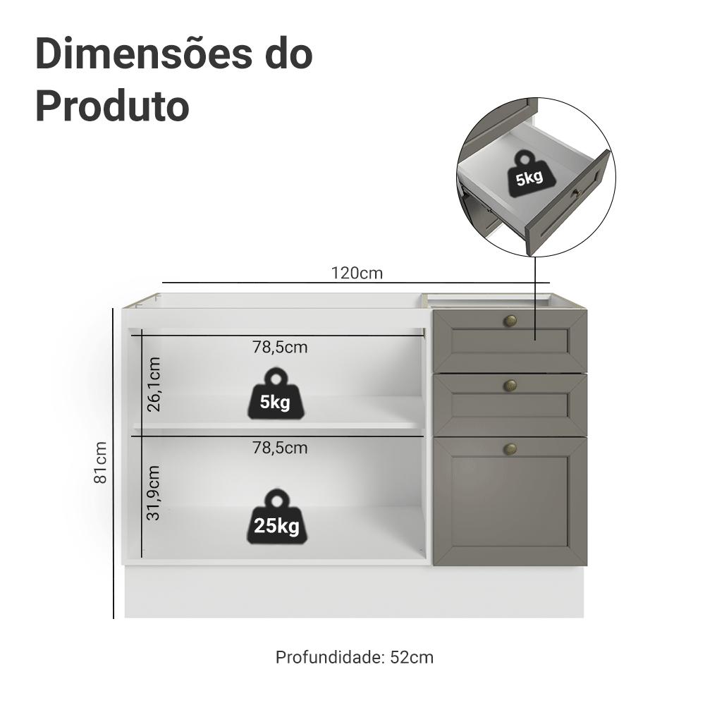 Balcão de Pia 120 cm 2 Portas 3 Gavetas (Sem Tampo) Branco/Cinza Vik Madesa