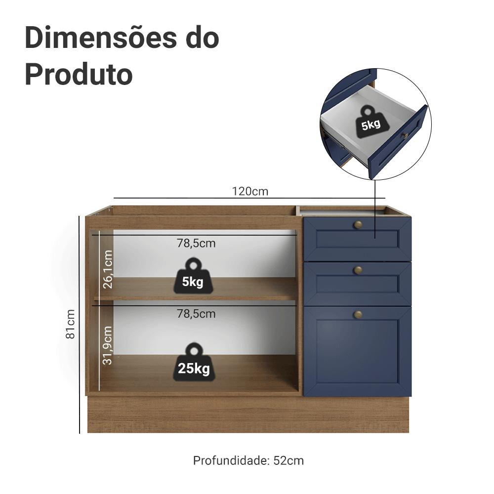 Balcão de Pia 120 cm 2 Portas 3 Gavetas (Sem Tampo) Rustic/Azul Vik Madesa