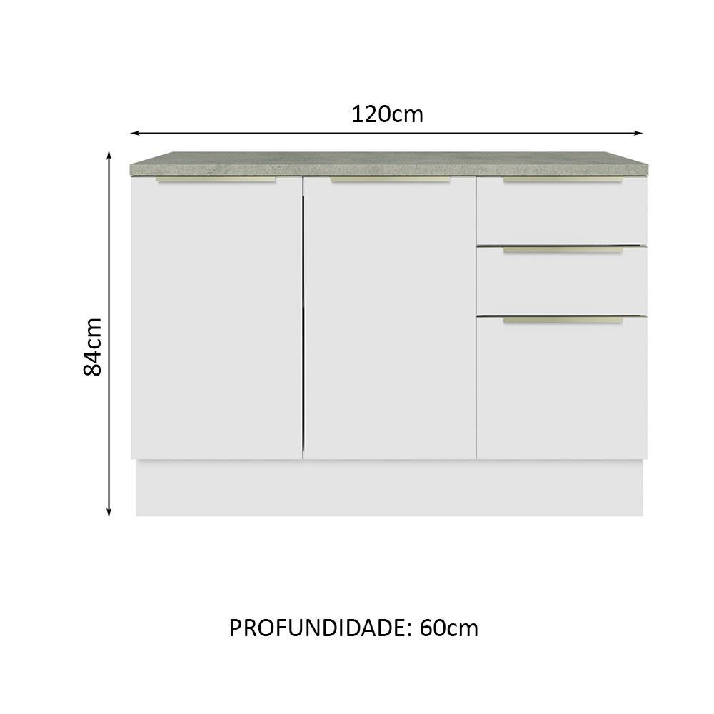 Balcão de Pia 120 cm 2 Portas 3 Gavetas Branco/Branco Veludo Lux Madesa