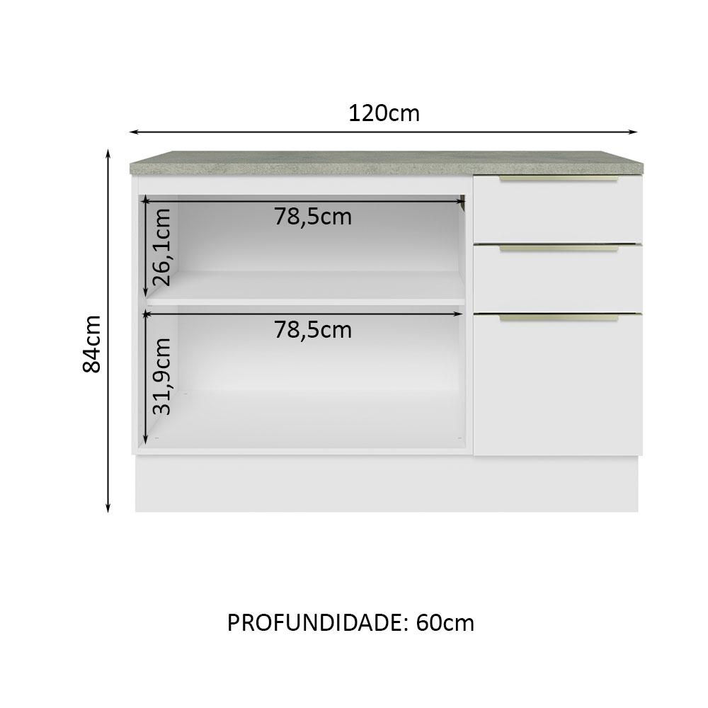 Balcão de Pia 120 cm 2 Portas 3 Gavetas Branco/Branco Veludo Lux Madesa
