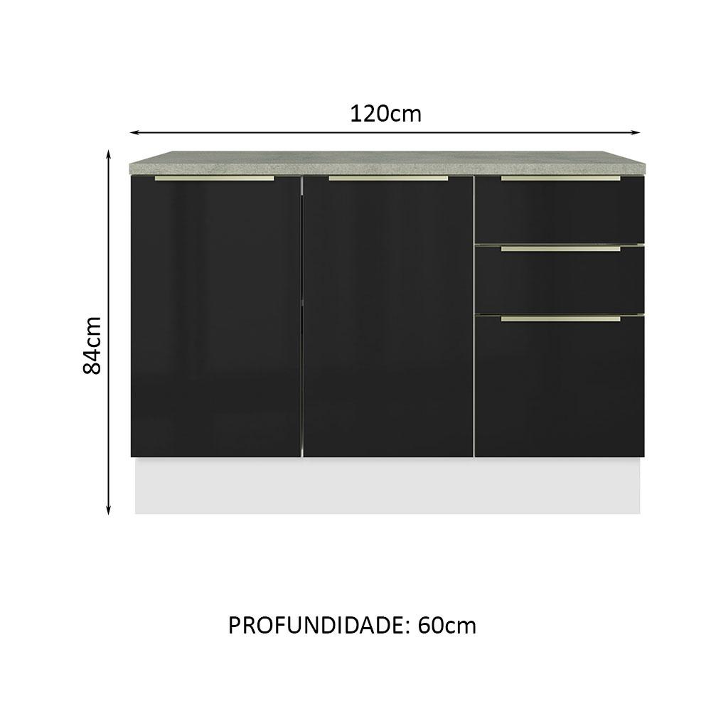 Balcão de Pia 120 cm 2 Portas 3 Gavetas Branco/Preto Lux Madesa