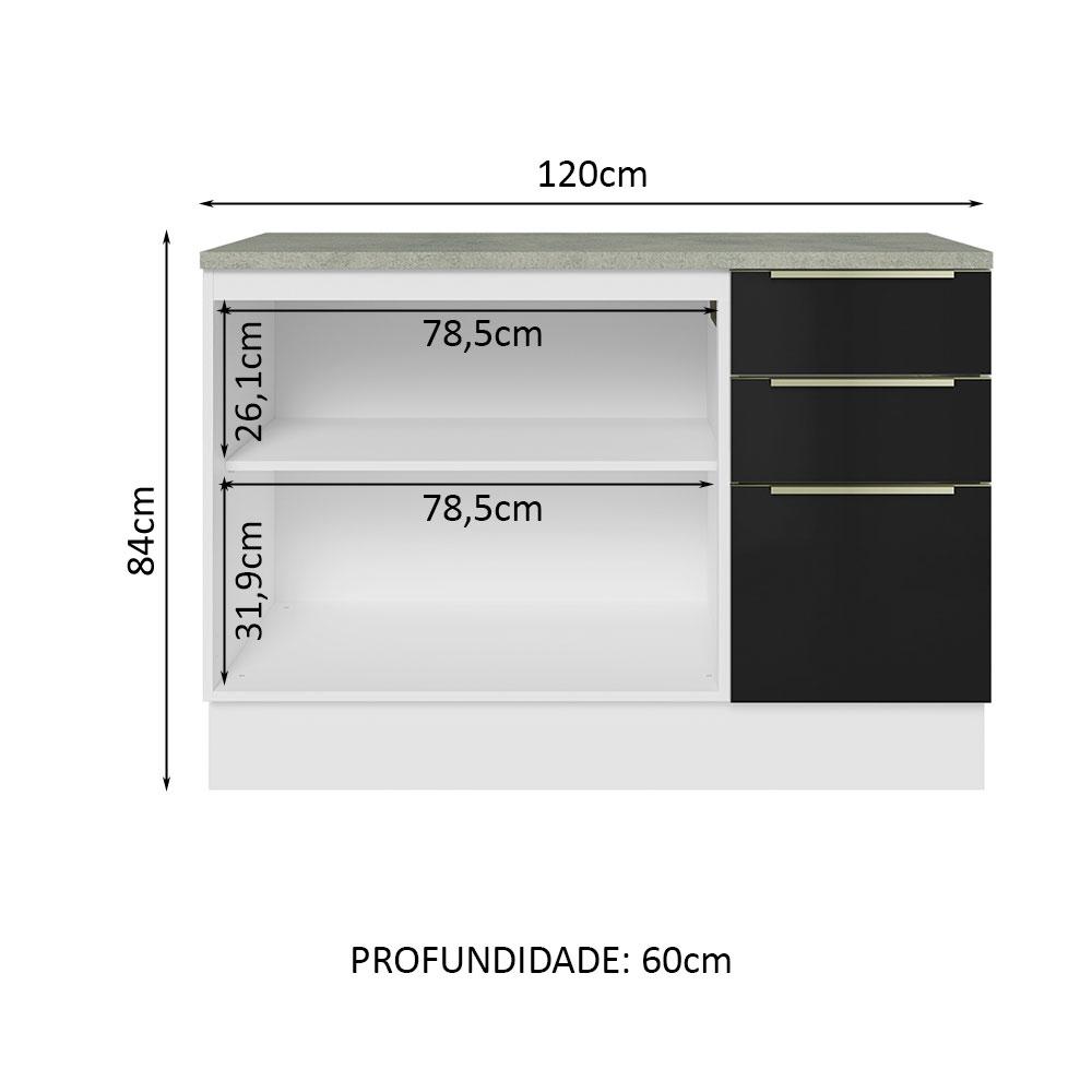 Balcão de Pia 120 cm 2 Portas 3 Gavetas Branco/Preto Lux Madesa