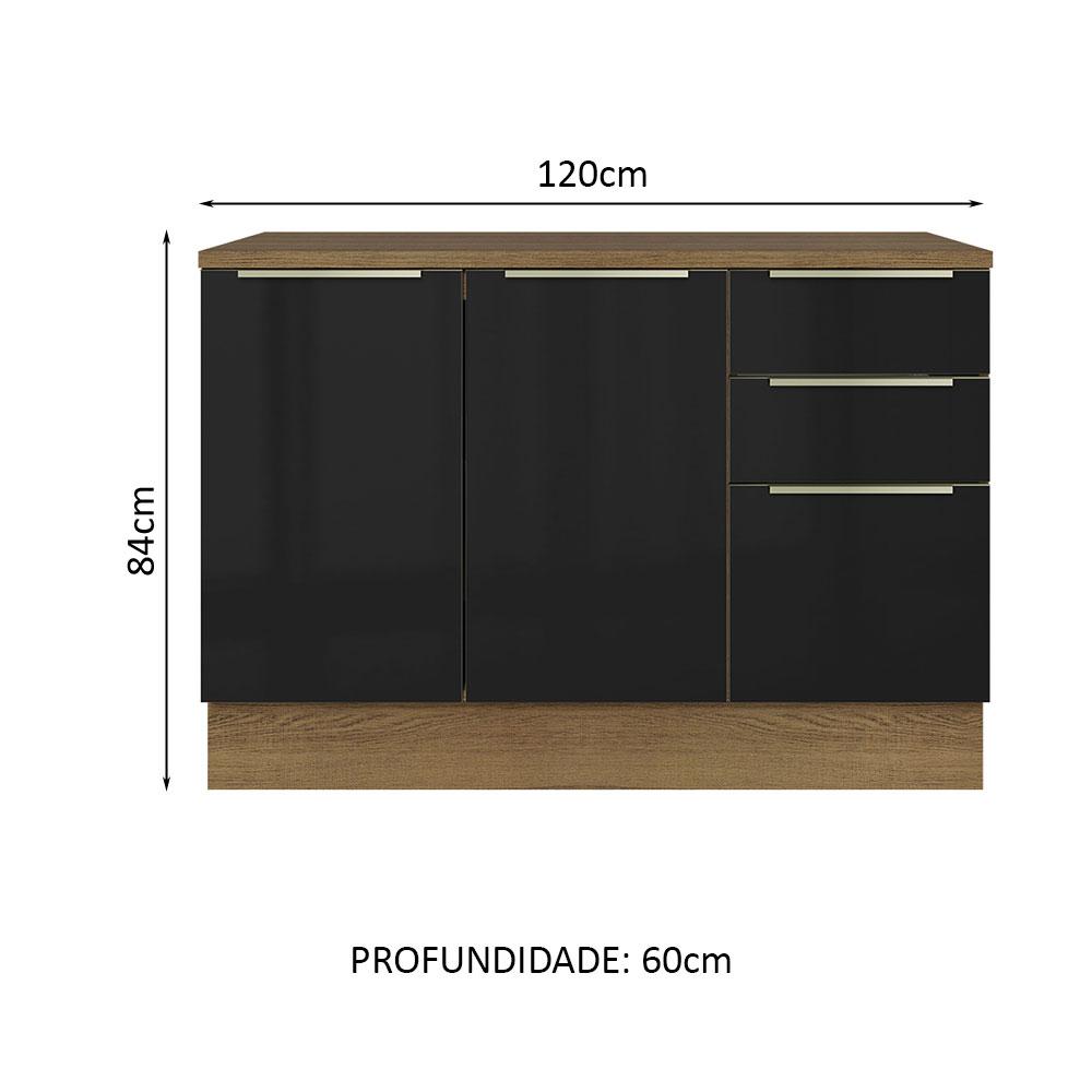 Balcão de Pia 120 cm 2 Portas 3 Gavetas Rustic/Preto Lux Madesa