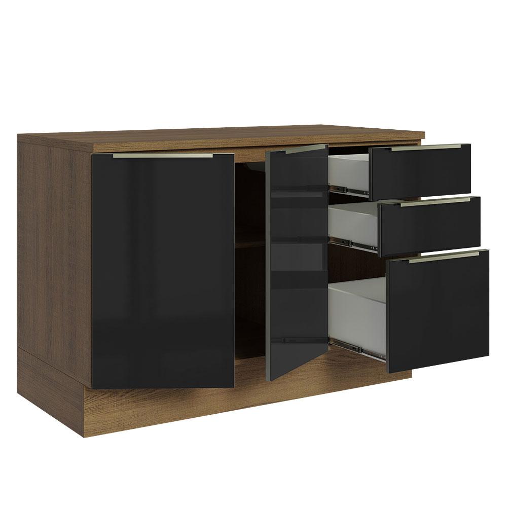 Balcão de Pia 120 cm 2 Portas 3 Gavetas Rustic/Preto Lux Madesa