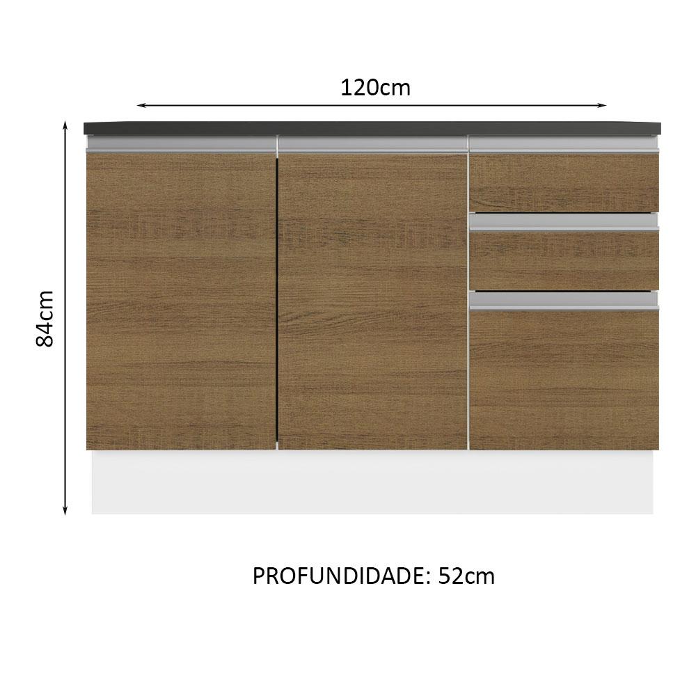 Balcão de Pia Armário de Cozinha 100% MDF 120 cm 3 Portas e 2 Gavetas Branco/Rustic Acordes Madesa