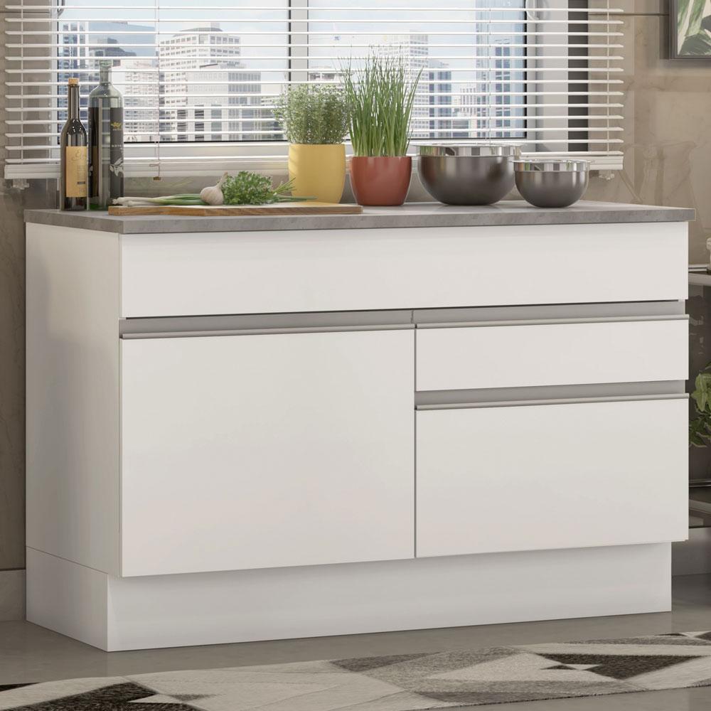 Balcão de Pia Armário de Cozinha 120 cm 1 Porta e 2 Gavetas (Com Tampo) Branco Glamy Madesa