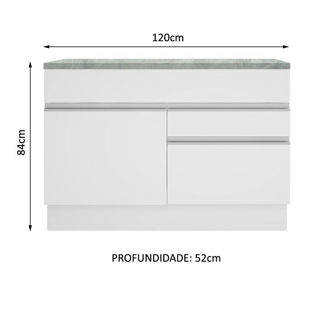 Balcão de Pia Armário de Cozinha 120 cm 1 Porta e 2 Gavetas (Com Tampo) Branco Glamy Madesa
