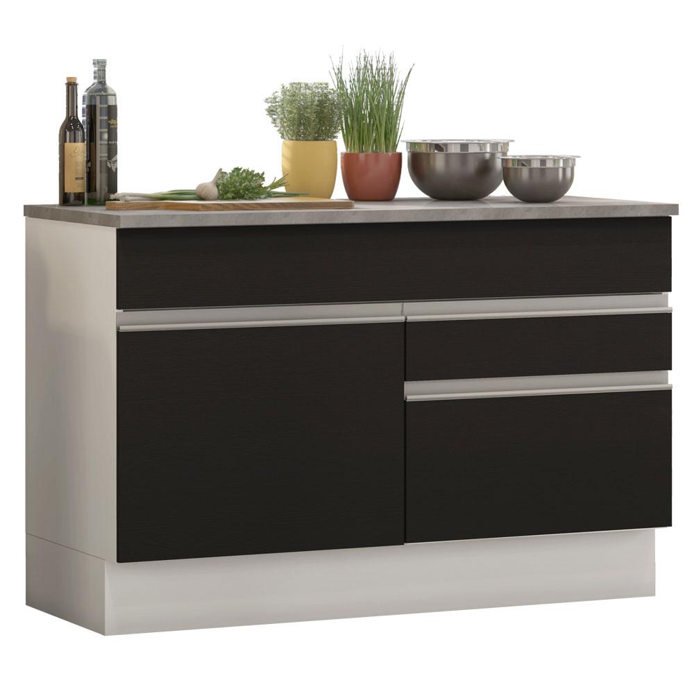 Balcão de Pia Armário de Cozinha 120 cm 1 Porta e 2 Gavetas (Com Tampo) Branco/Preto Glamy Madesa