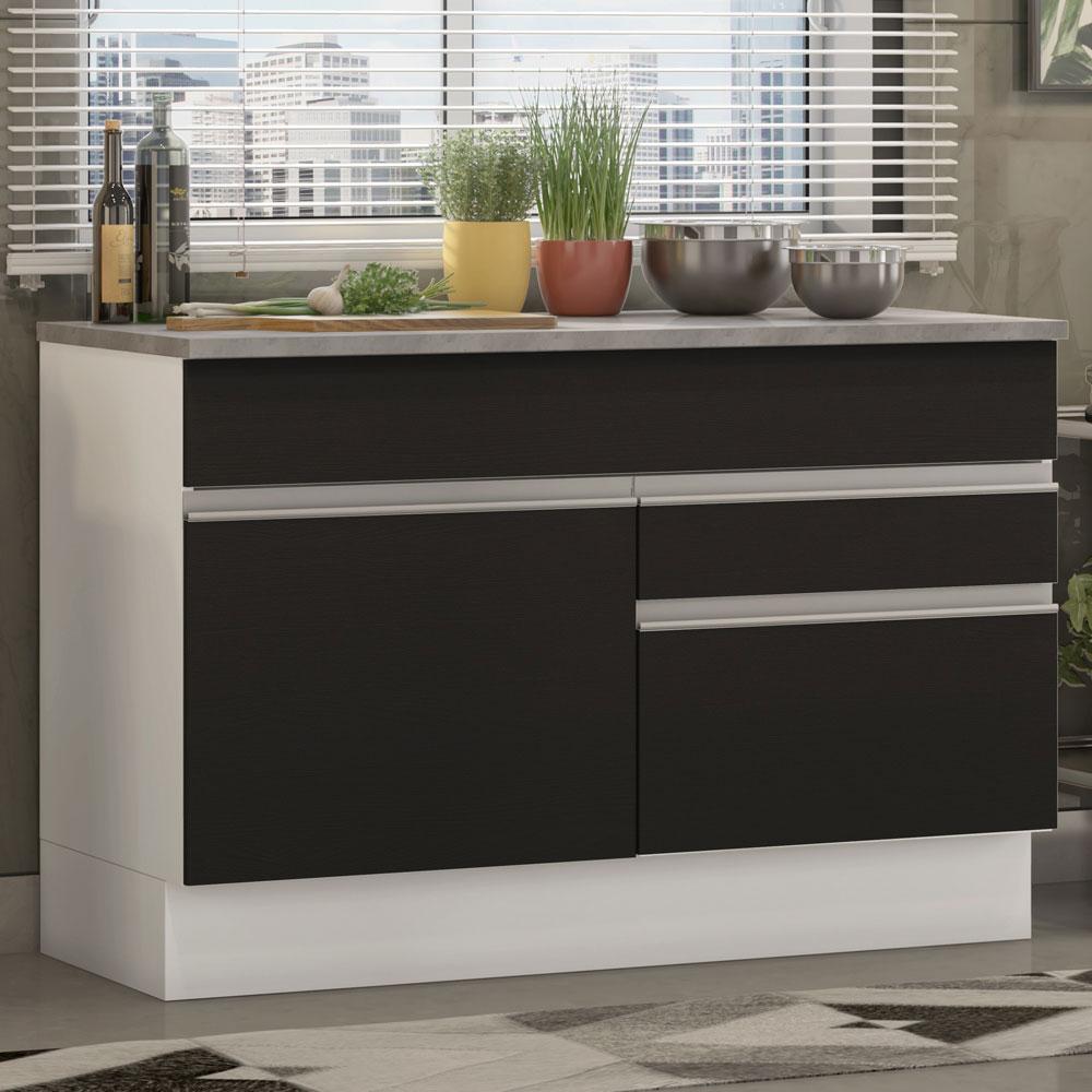 Balcão de Pia Armário de Cozinha 120 cm 1 Porta e 2 Gavetas (Com Tampo) Branco/Preto Glamy Madesa