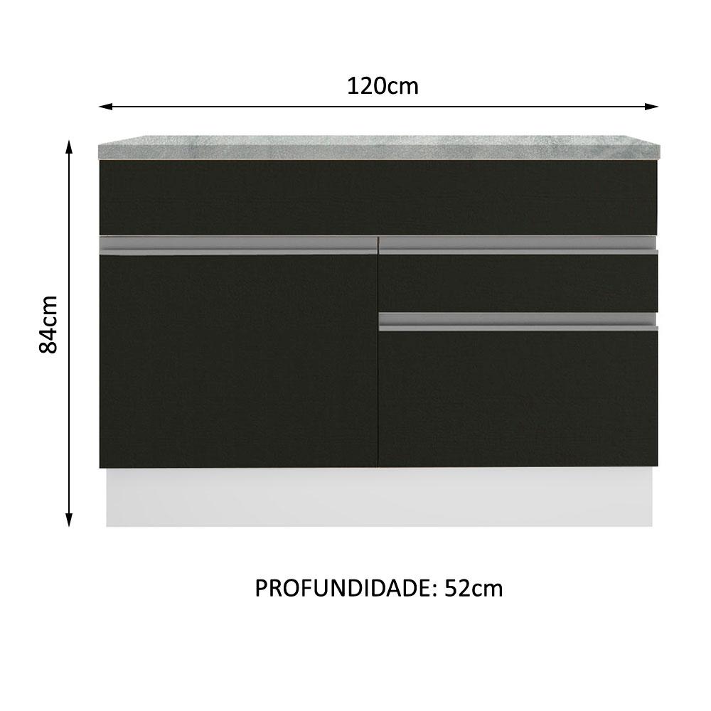 Balcão de Pia Armário de Cozinha 120 cm 1 Porta e 2 Gavetas (Com Tampo) Branco/Preto Glamy Madesa