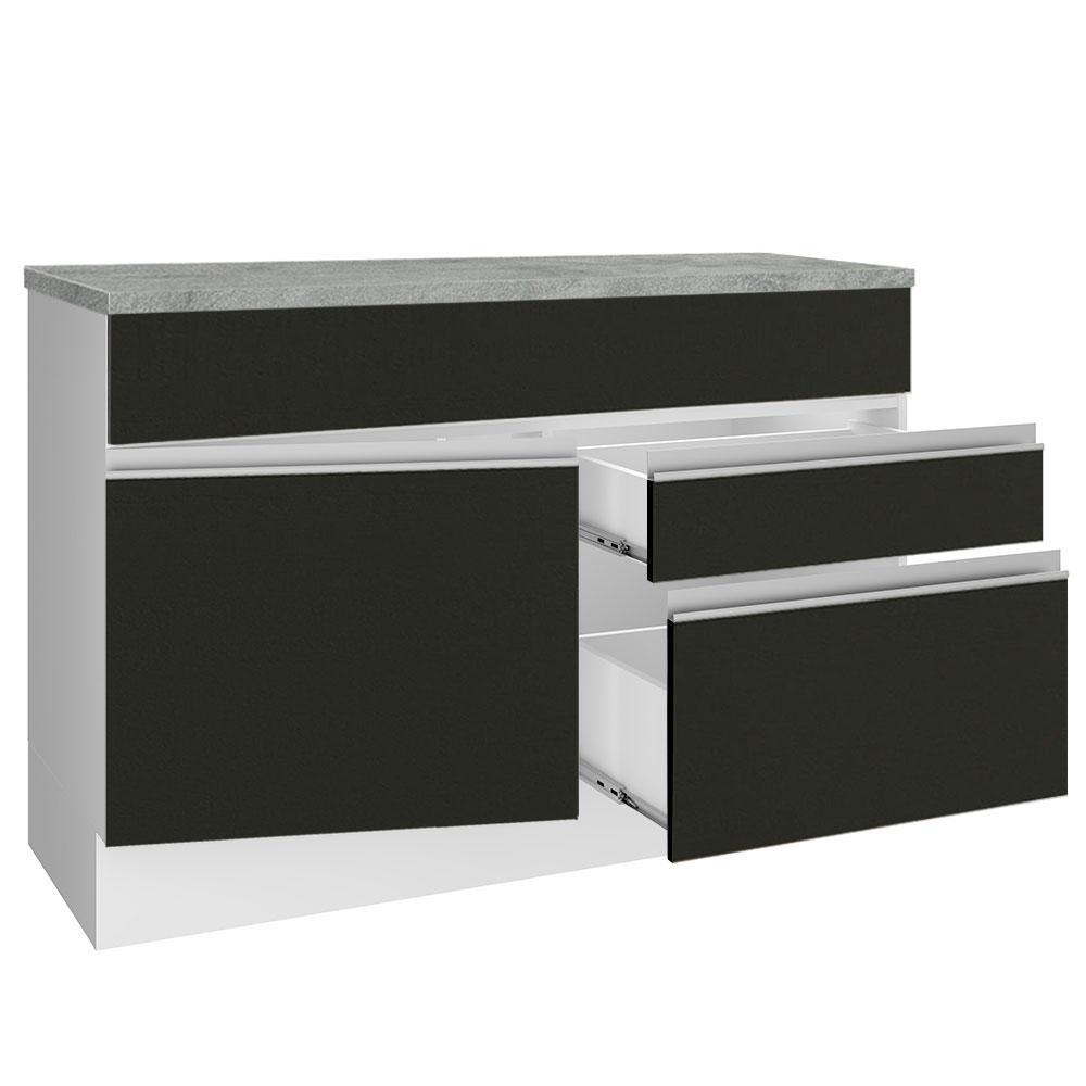 Balcão de Pia Armário de Cozinha 120 cm 1 Porta e 2 Gavetas (Com Tampo) Branco/Preto Glamy Madesa