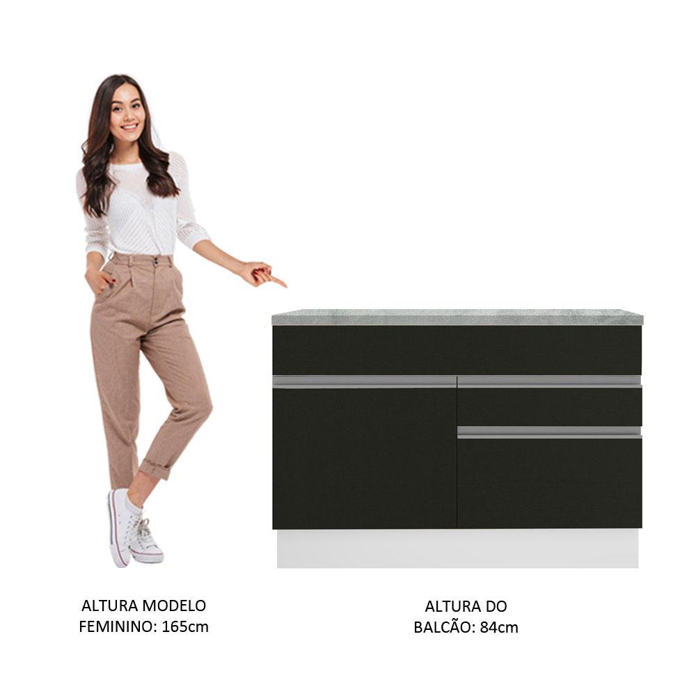 Balcão de Pia Armário de Cozinha 120 cm 1 Porta e 2 Gavetas (Com Tampo) Branco/Preto Glamy Madesa