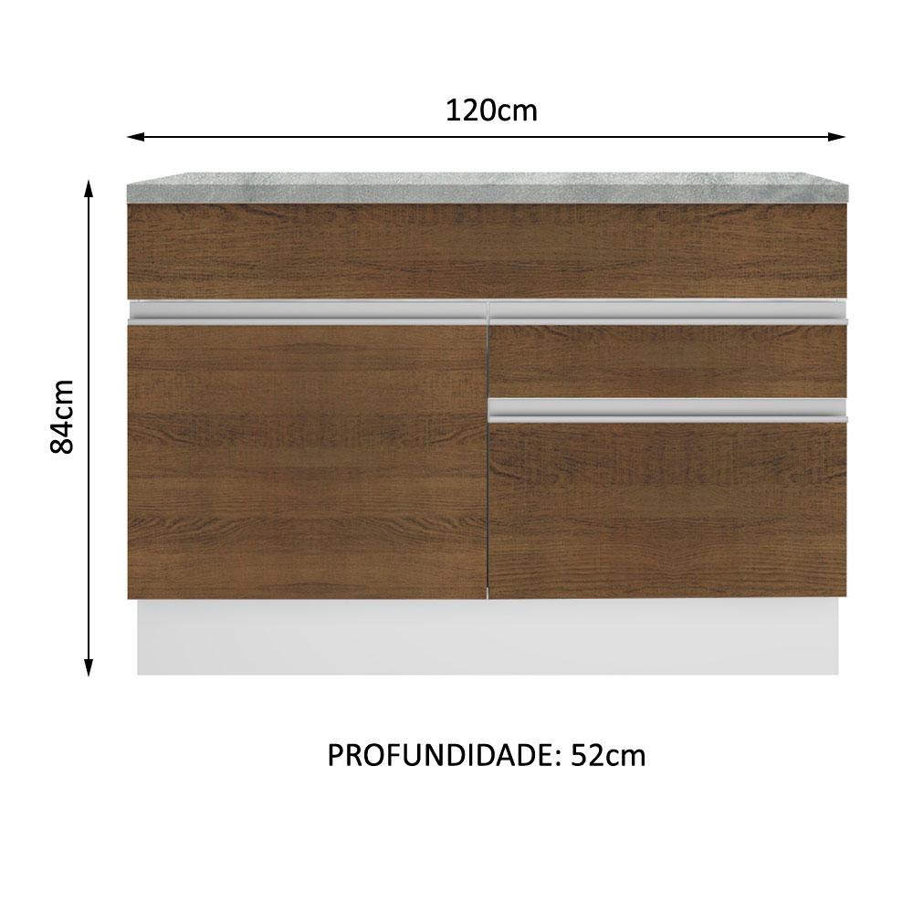 Balcão de Pia Armário de Cozinha 120 cm 1 Porta e 2 Gavetas (Com Tampo) Branco/Rustic Glamy Madesa
