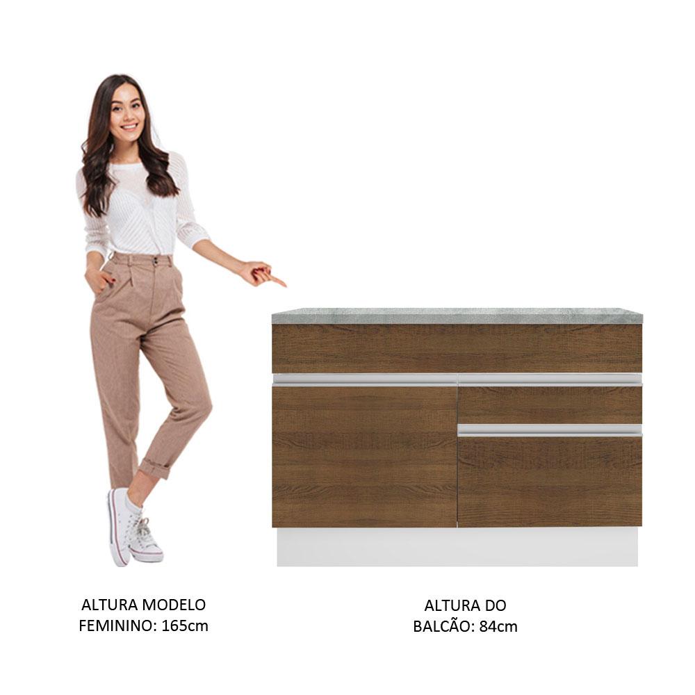 Balcão de Pia Armário de Cozinha 120 cm 1 Porta e 2 Gavetas (Com Tampo) Branco/Rustic Glamy Madesa
