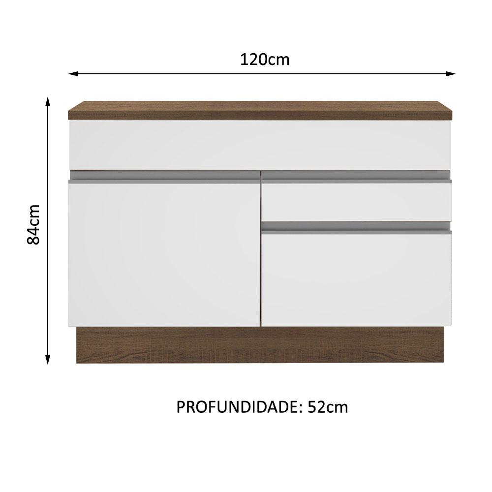Balcão de Pia Armário de Cozinha 120 cm 1 Porta e 2 Gavetas (Com Tampo) Rustic/Branco Glamy Madesa