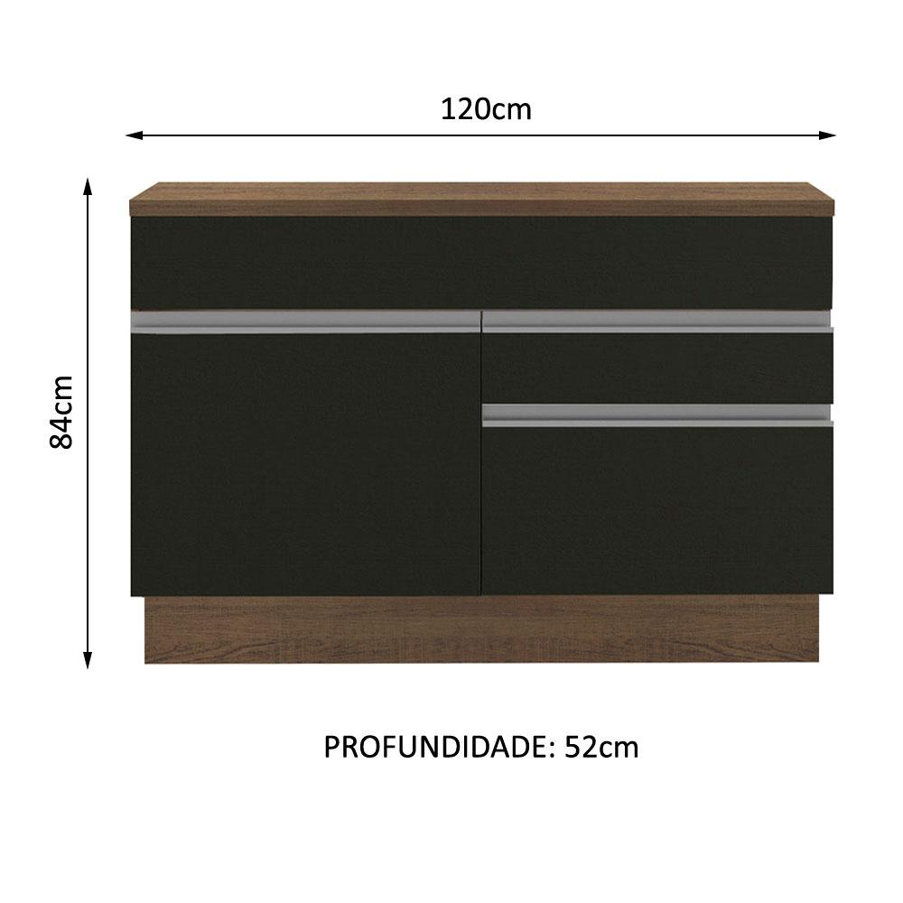 Balcão de Pia Armário de Cozinha 120 cm 1 Porta e 2 Gavetas (Com Tampo) Rustic/Preto Glamy Madesa