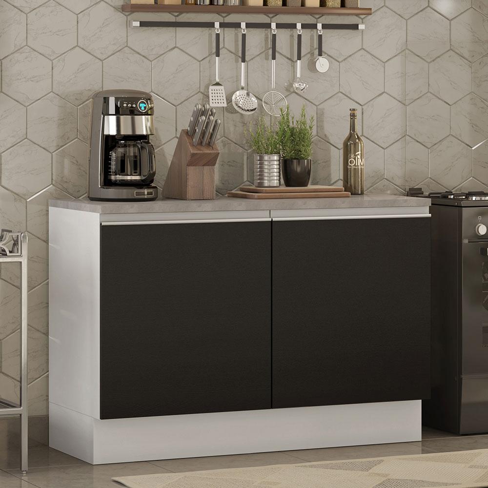 Balcão de Pia Armário de Cozinha 120 cm 2 Portas (Com Tampo) Branco/Preto Glamy Madesa