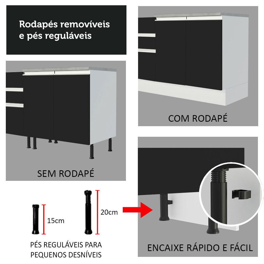 Balcão de Pia Armário de Cozinha 120 cm 2 Portas (Com Tampo) Branco/Preto Glamy Madesa