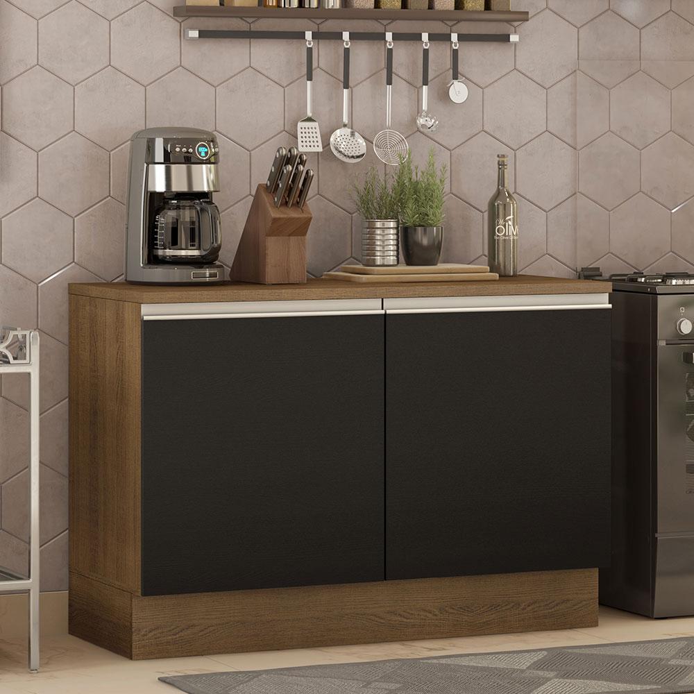 Balcão de Pia Armário de Cozinha 120 cm 2 Portas (Com Tampo) Rustic/Preto Glamy Madesa