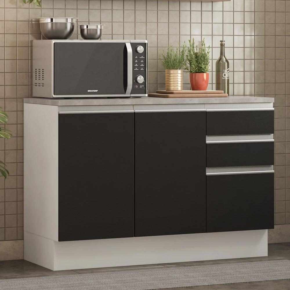 Balcão de Pia Armário de Cozinha 120 cm 2 Portas e 3 Gavetas (Com Tampo) Branco/Preto Glamy Madesa