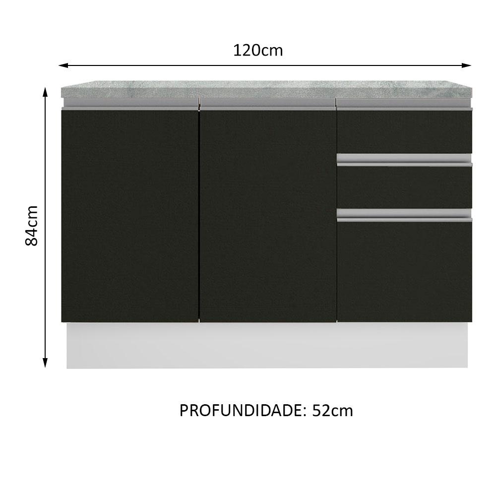 Balcão de Pia Armário de Cozinha 120 cm 2 Portas e 3 Gavetas (Com Tampo) Branco/Preto Glamy Madesa