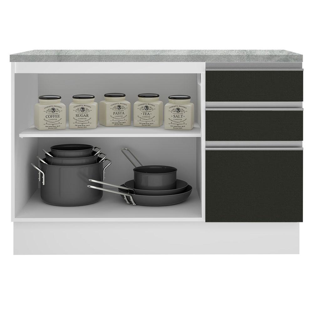 Balcão de Pia Armário de Cozinha 120 cm 2 Portas e 3 Gavetas (Com Tampo) Branco/Preto Glamy Madesa