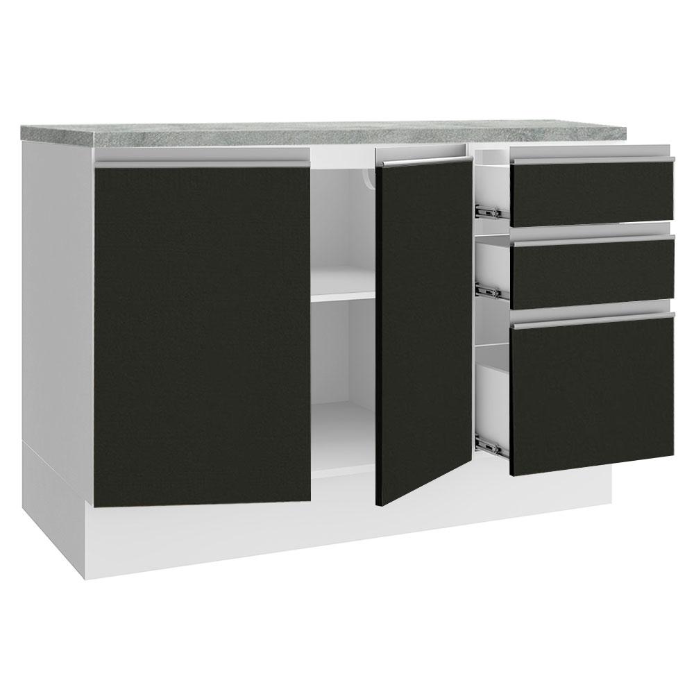 Balcão de Pia Armário de Cozinha 120 cm 2 Portas e 3 Gavetas (Com Tampo) Branco/Preto Glamy Madesa