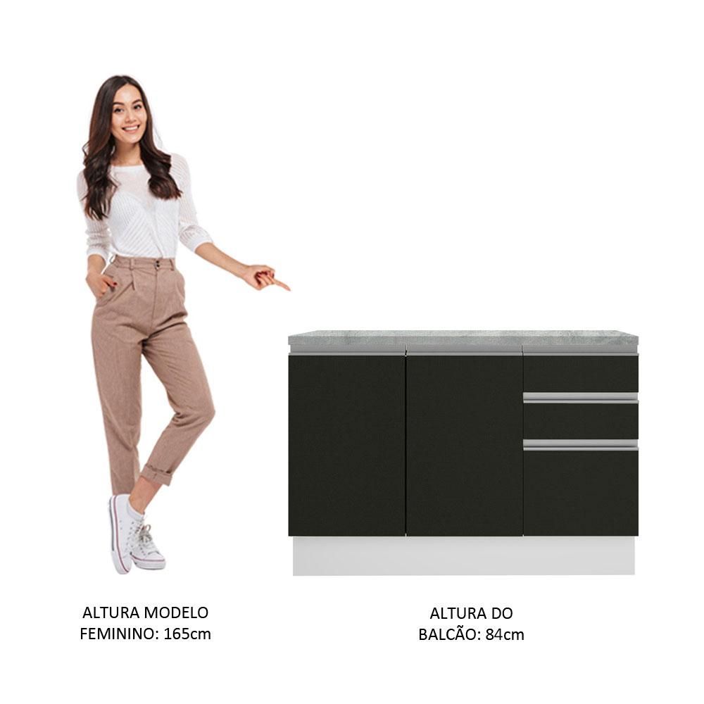 Balcão de Pia Armário de Cozinha 120 cm 2 Portas e 3 Gavetas (Com Tampo) Branco/Preto Glamy Madesa