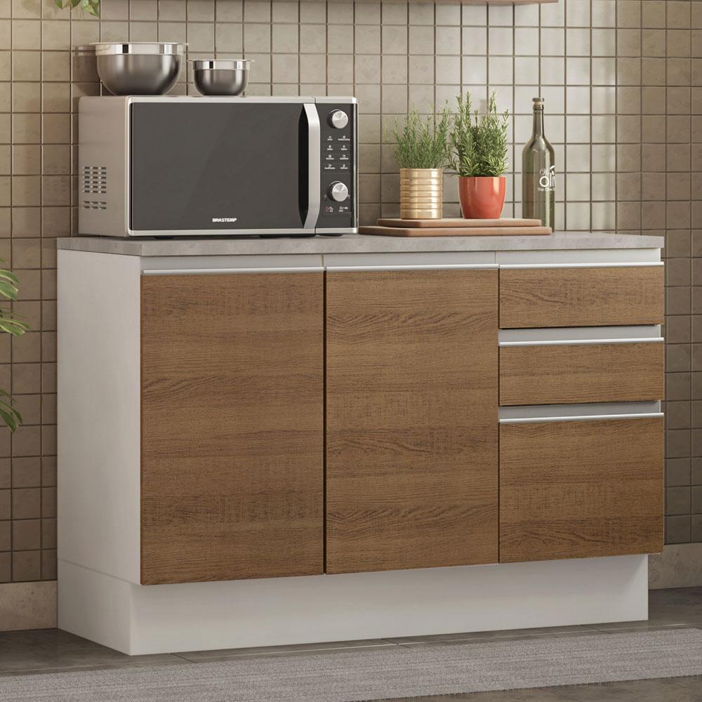 Balcão de Pia Armário de Cozinha 120 cm 2 Portas e 3 Gavetas (Com Tampo) Branco/Rustic Glamy Madesa
