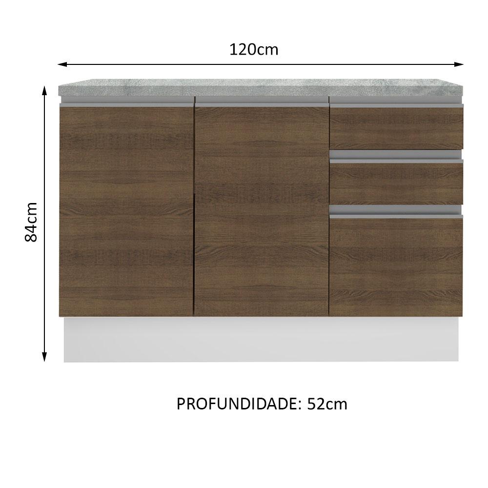 Balcão de Pia Armário de Cozinha 120 cm 2 Portas e 3 Gavetas (Com Tampo) Branco/Rustic Glamy Madesa