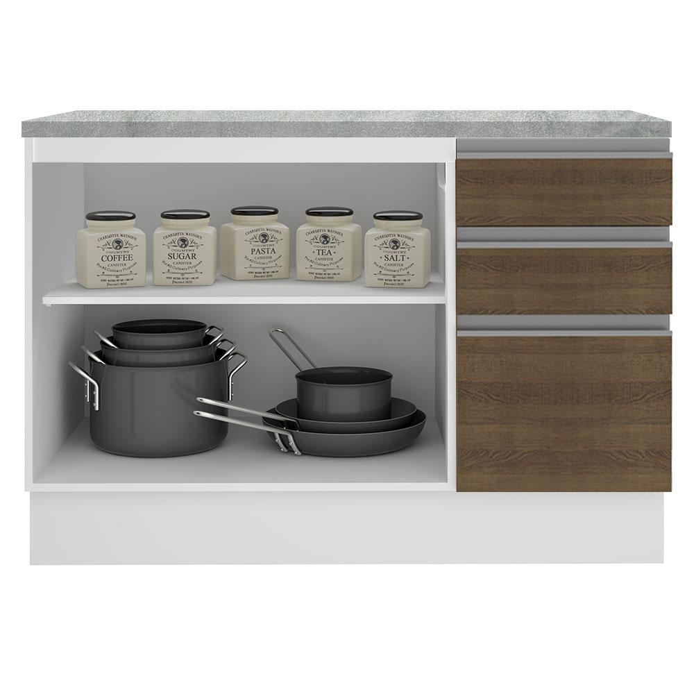 Balcão de Pia Armário de Cozinha 120 cm 2 Portas e 3 Gavetas (Com Tampo) Branco/Rustic Glamy Madesa