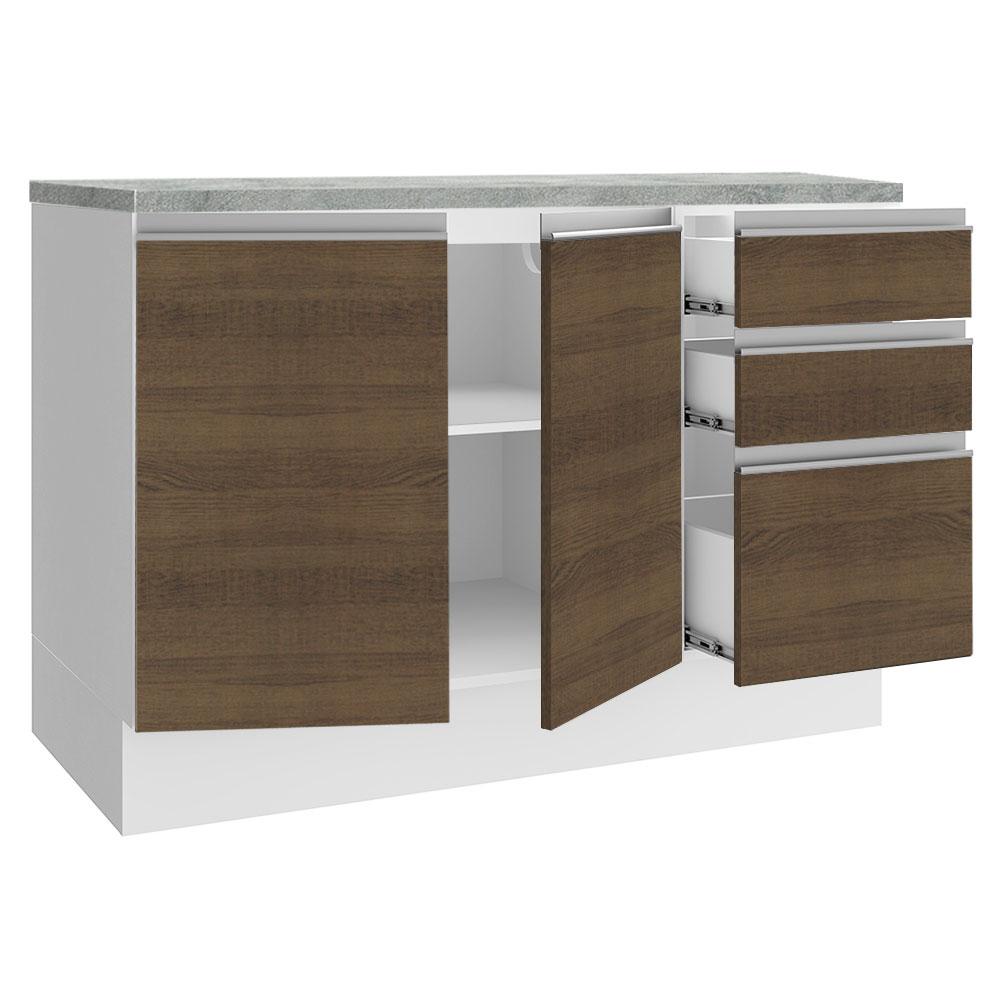 Balcão de Pia Armário de Cozinha 120 cm 2 Portas e 3 Gavetas (Com Tampo) Branco/Rustic Glamy Madesa