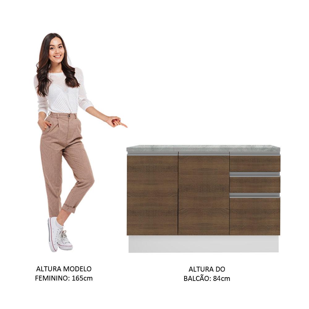Balcão de Pia Armário de Cozinha 120 cm 2 Portas e 3 Gavetas (Com Tampo) Branco/Rustic Glamy Madesa