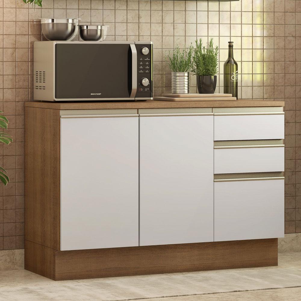 Balcão de Pia Armário de Cozinha 120 cm 2 Portas e 3 Gavetas (Com Tampo) Rustic/Branco Glamy Madesa