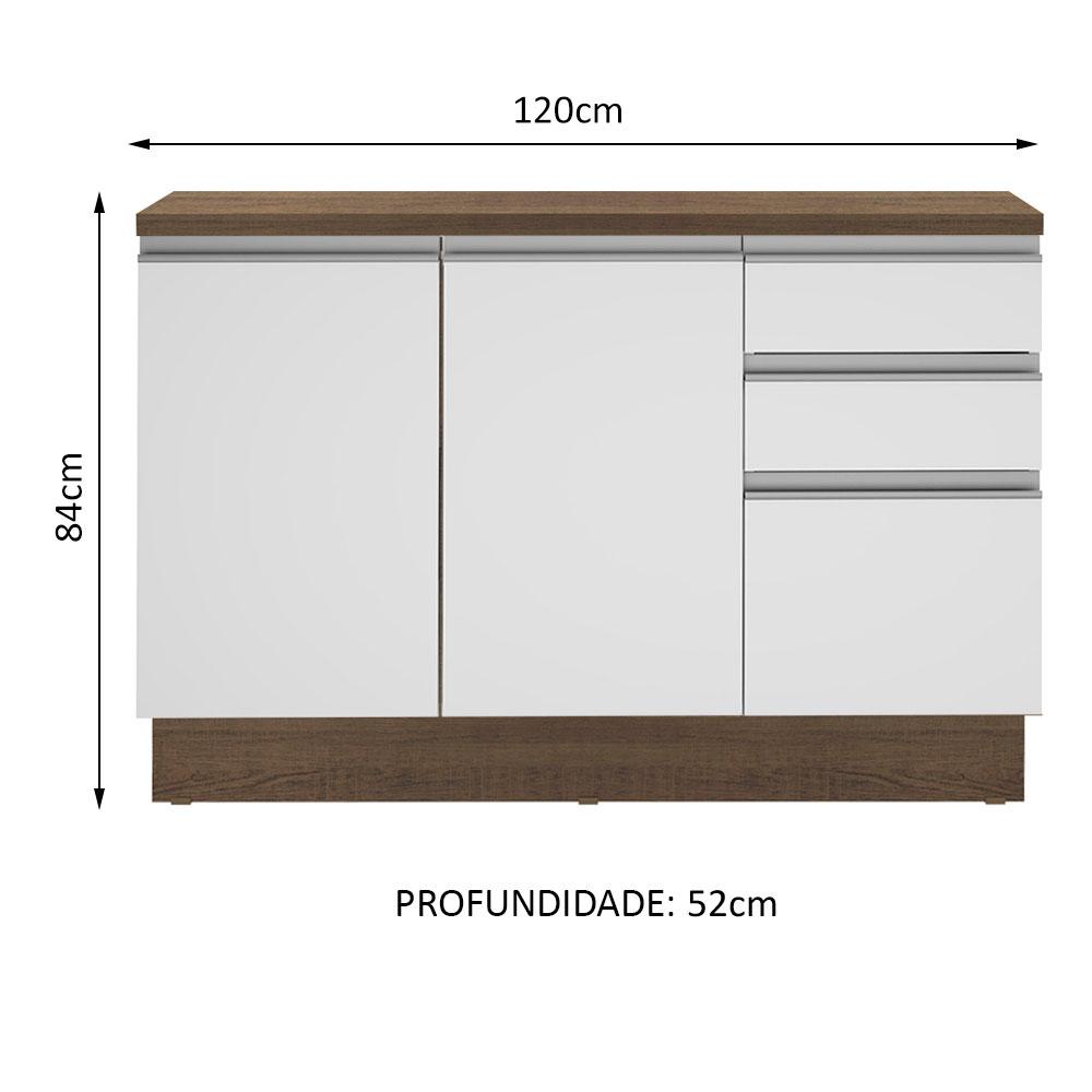 Balcão de Pia Armário de Cozinha 120 cm 2 Portas e 3 Gavetas (Com Tampo) Rustic/Branco Glamy Madesa