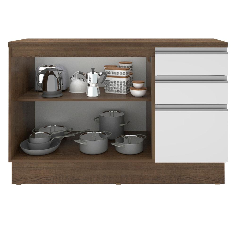 Balcão de Pia Armário de Cozinha 120 cm 2 Portas e 3 Gavetas (Com Tampo) Rustic/Branco Glamy Madesa
