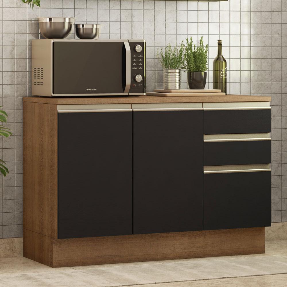 Balcão de Pia Armário de Cozinha 120 cm 2 Portas e 3 Gavetas (Com Tampo) Rustic/Preto Glamy Madesa