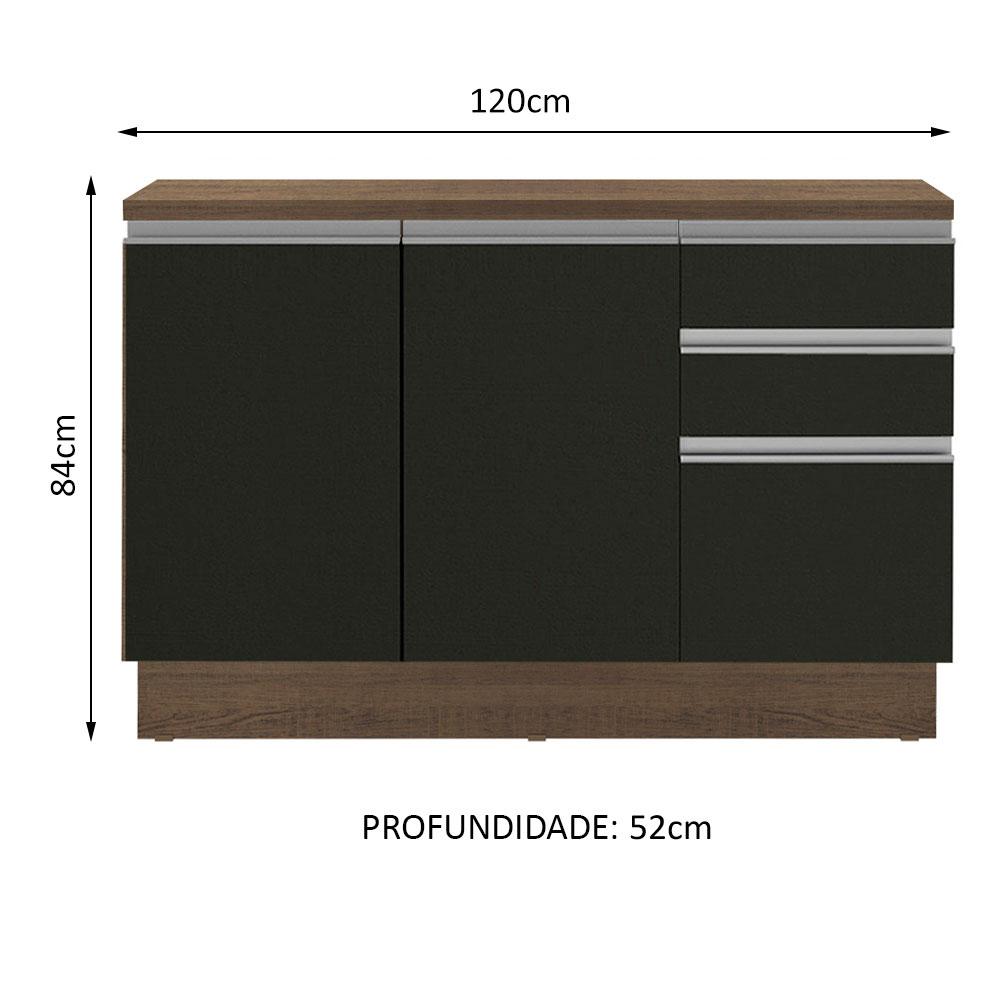 Balcão de Pia Armário de Cozinha 120 cm 2 Portas e 3 Gavetas (Com Tampo) Rustic/Preto Glamy Madesa