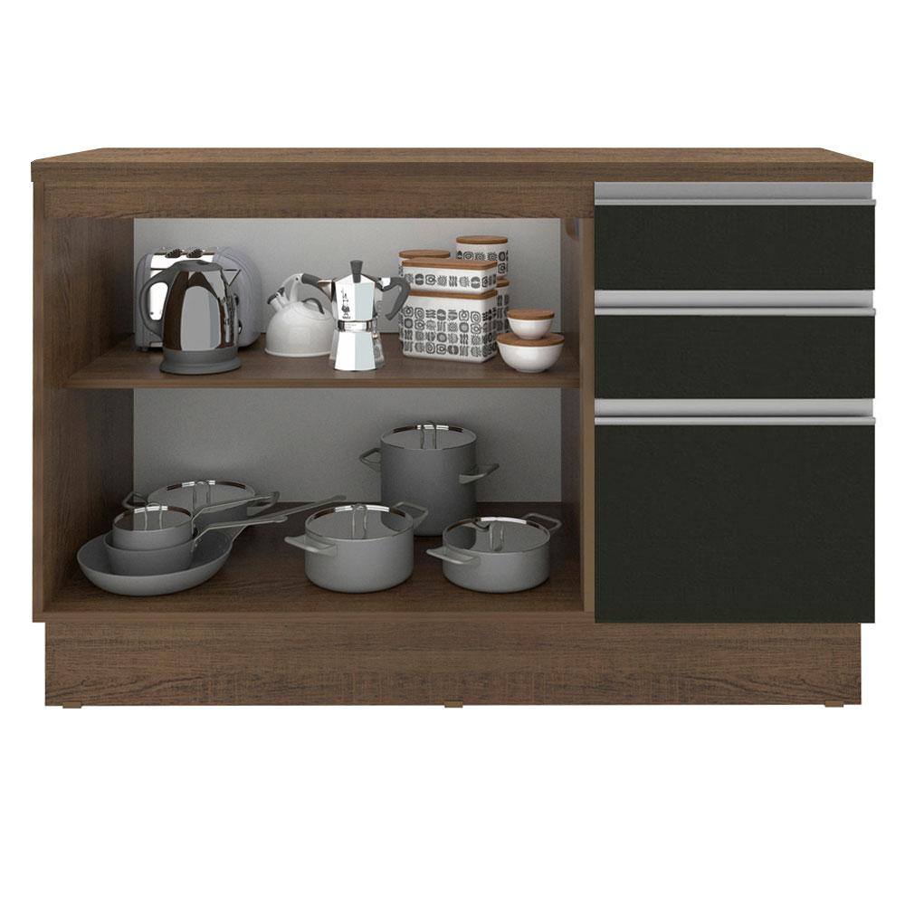 Balcão de Pia Armário de Cozinha 120 cm 2 Portas e 3 Gavetas (Com Tampo) Rustic/Preto Glamy Madesa