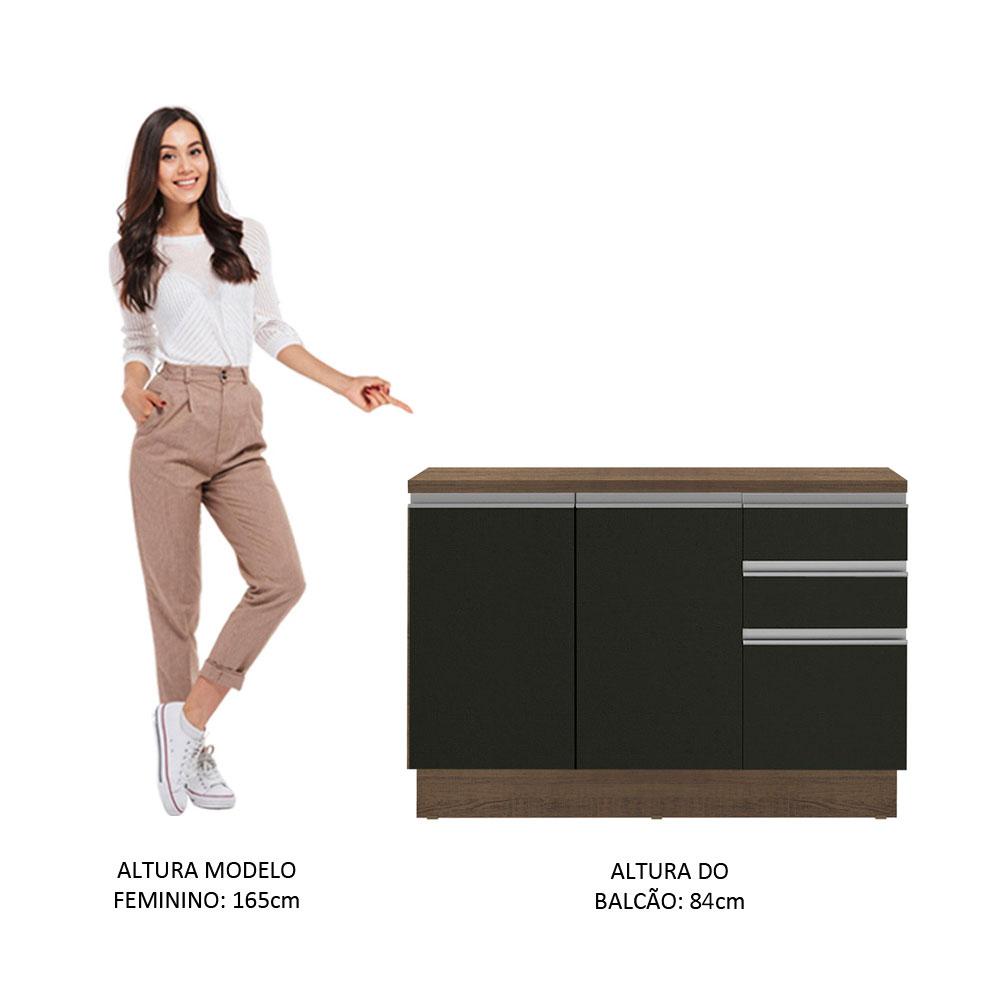 Balcão de Pia Armário de Cozinha 120 cm 2 Portas e 3 Gavetas (Com Tampo) Rustic/Preto Glamy Madesa