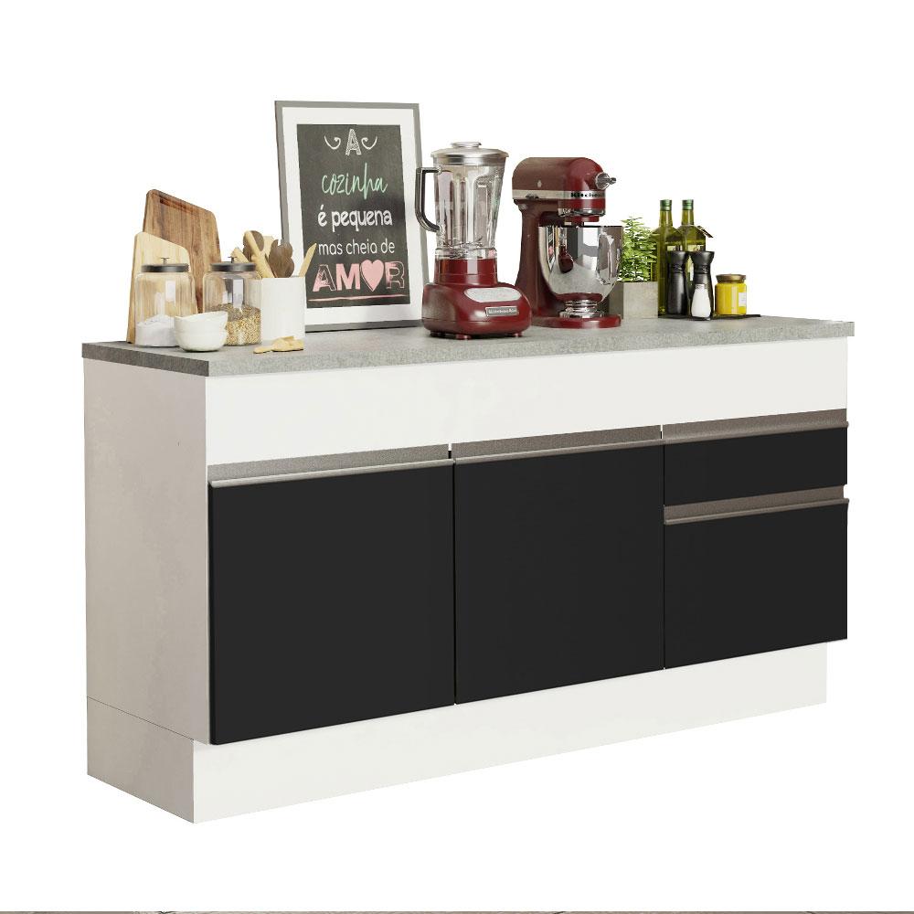 Balcão de Pia Armário de Cozinha 150 cm 2 Portas e 2 Gavetas (Com Tampo) Branco/Preto Glamy Madesa