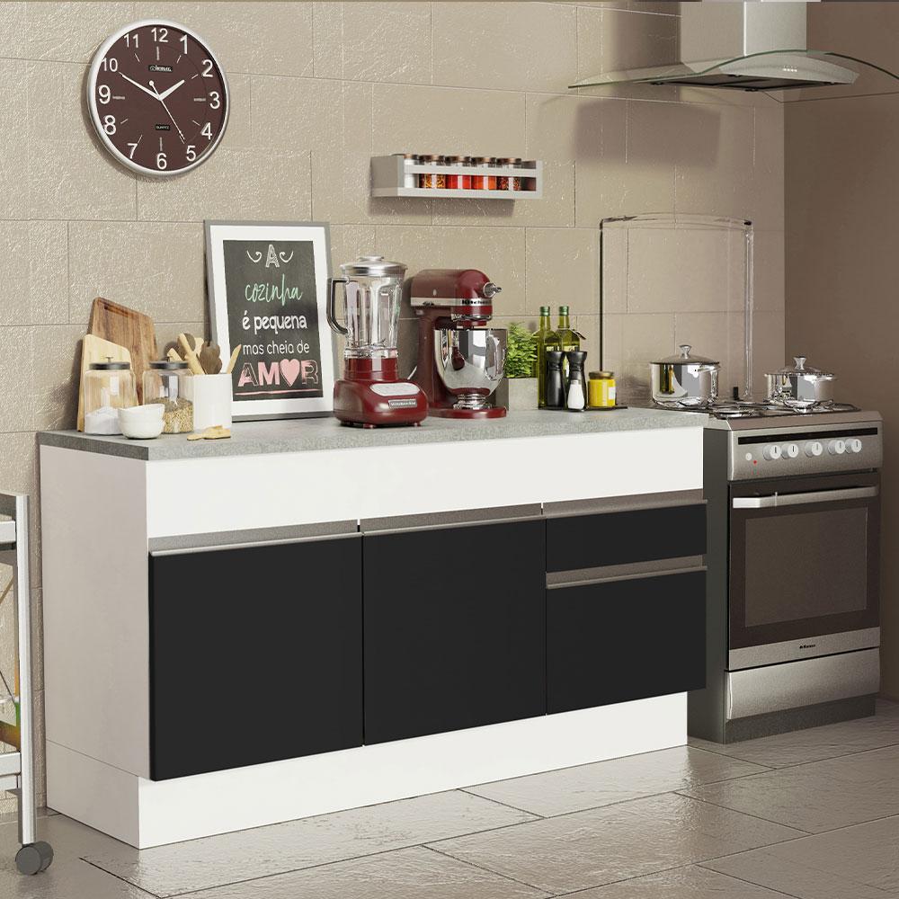 Balcão de Pia Armário de Cozinha 150 cm 2 Portas e 2 Gavetas (Com Tampo) Branco/Preto Glamy Madesa