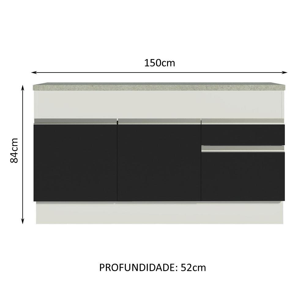 Balcão de Pia Armário de Cozinha 150 cm 2 Portas e 2 Gavetas (Com Tampo) Branco/Preto Glamy Madesa