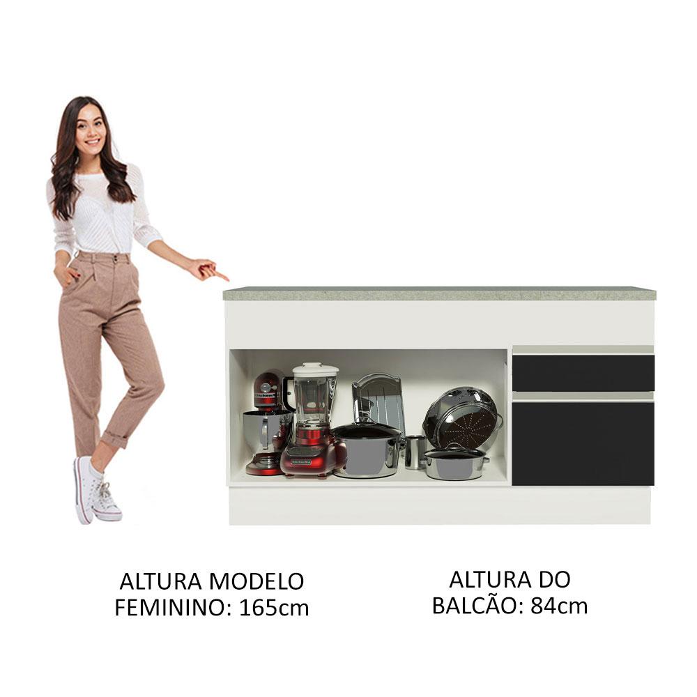 Balcão de Pia Armário de Cozinha 150 cm 2 Portas e 2 Gavetas (Com Tampo) Branco/Preto Glamy Madesa