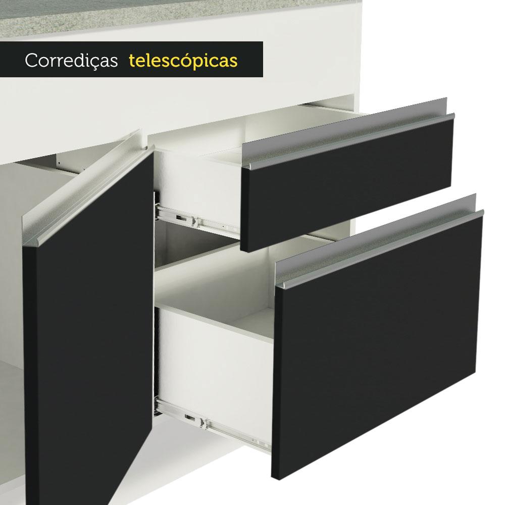 Balcão de Pia Armário de Cozinha 150 cm 2 Portas e 2 Gavetas (Com Tampo) Branco/Preto Glamy Madesa