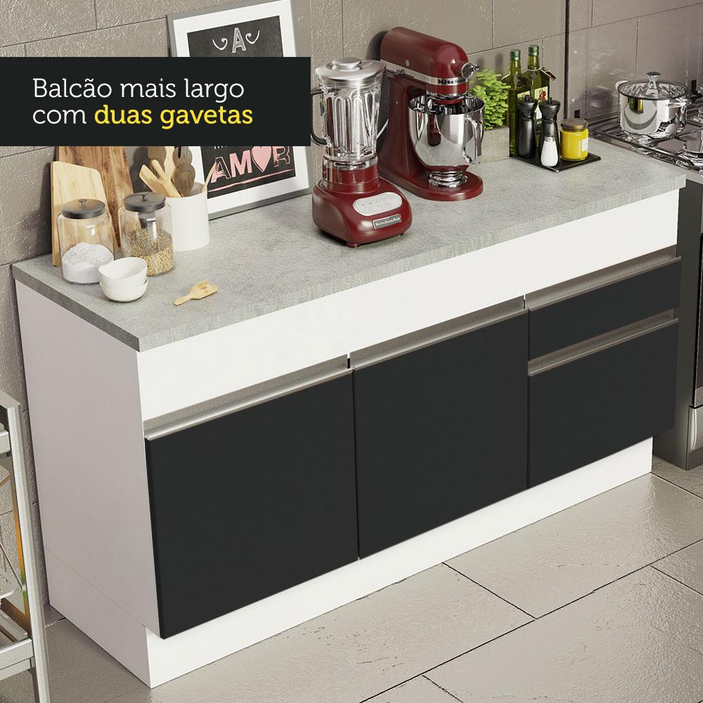 Balcão de Pia Armário de Cozinha 150 cm 2 Portas e 2 Gavetas (Com Tampo) Branco/Preto Glamy Madesa