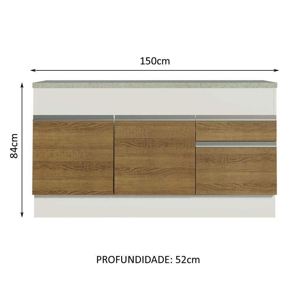 Balcão de Pia Armário de Cozinha 150 cm 2 Portas e 2 Gavetas (Com Tampo) Branco/Rustic Glamy Madesa